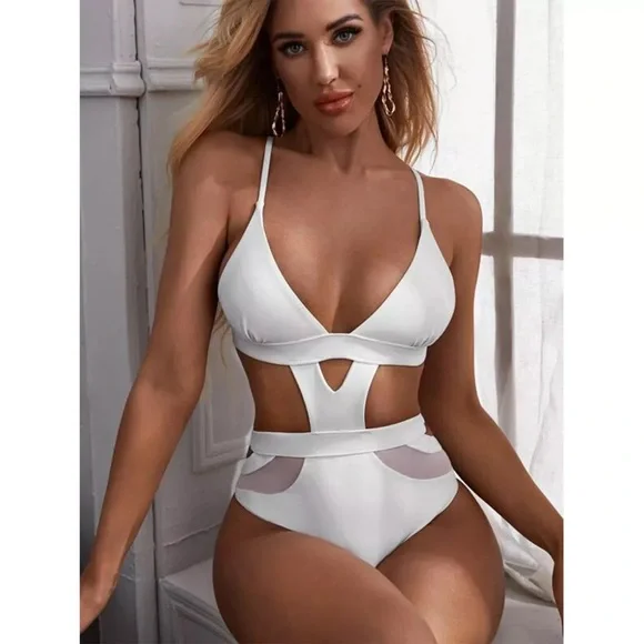 NWT cut out swimsuit XL M S white sexy monokini mesh high leg cage cut out mesh - Picture 2 of 8